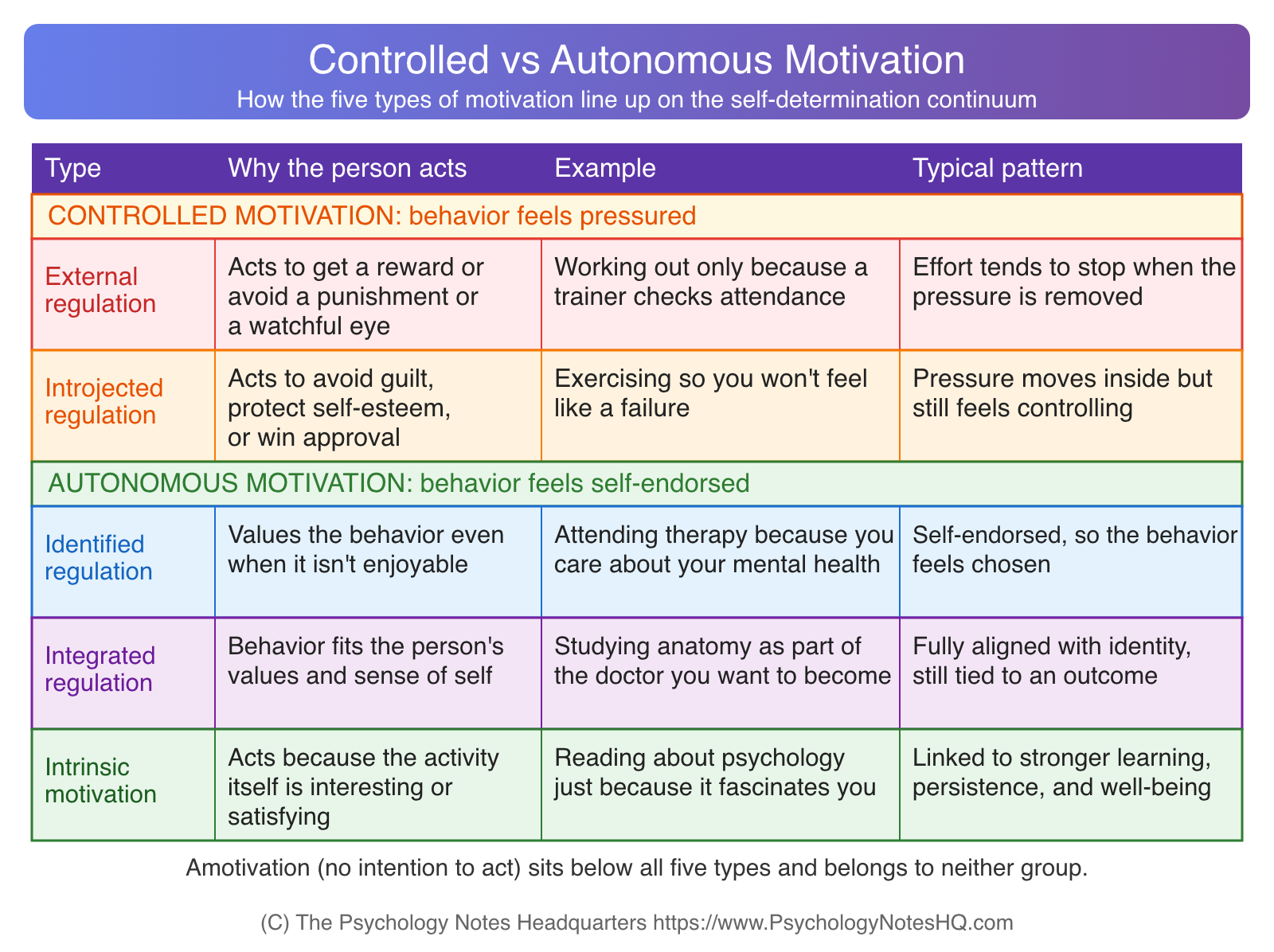 Controlled vs autonomous motivation table showing external, introjected, identified, integrated regulation and intrinsic motivation in self-determination theory