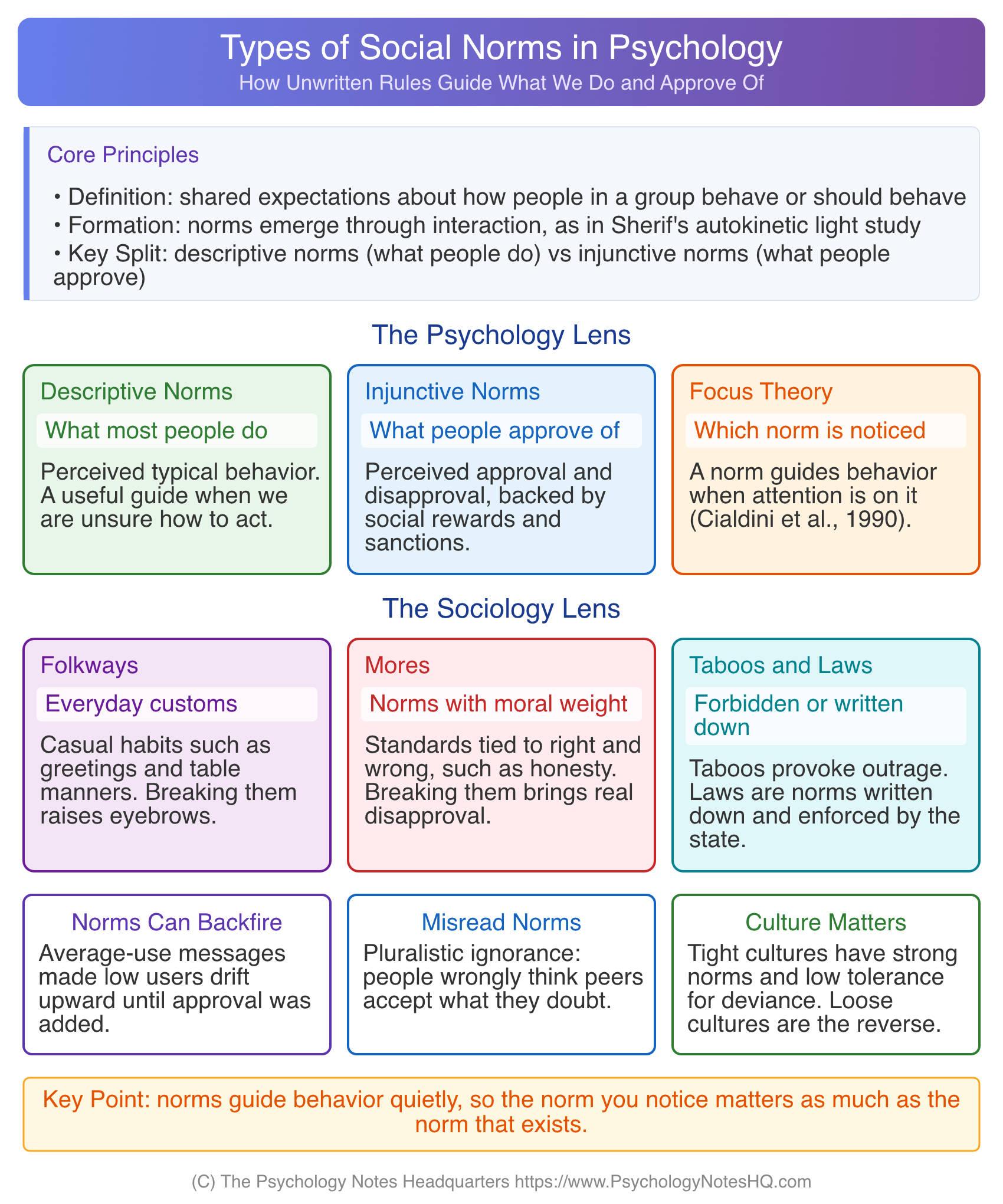 One page overview of the types of social norms in psychology including descriptive, injunctive, folkways, mores, taboos, and laws